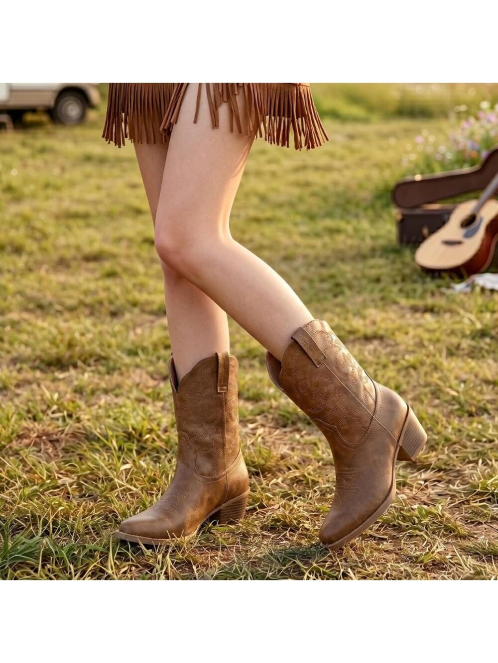 Women's Brown Ankle Boots Square Toe Low Chunky Heel Embroidery Western Booties - Picture 3 of 6